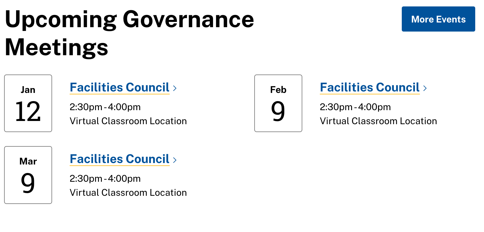 Screenshot of an events feed, showing three upcoming facilities council events